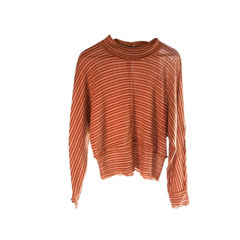 Willow Root Striped Mock Neck Knit Top Rust Beige Long Sleeve Size L